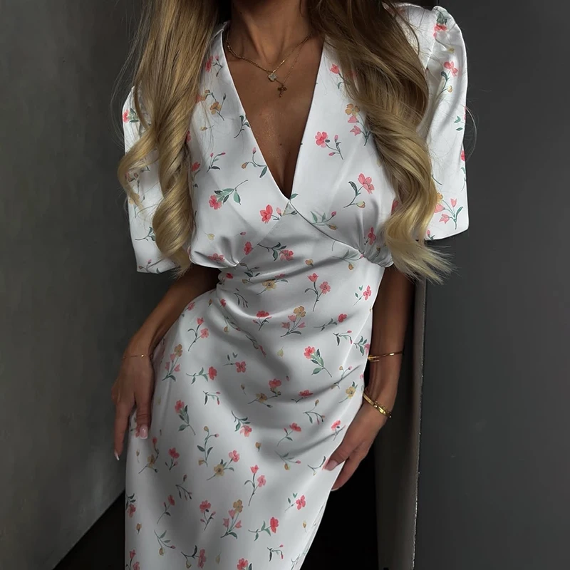 Tornova Floral Print Elegant Long Dress for Women Short Sleeve V Neck Fashion Slim Dress Satin Commuting Banquet Female Dress