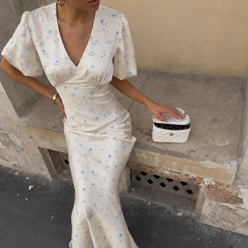 Tornova Floral Print Elegant Long Dress for Women Short Sleeve V Neck Fashion Slim Dress Satin Commuting Banquet Female Dress