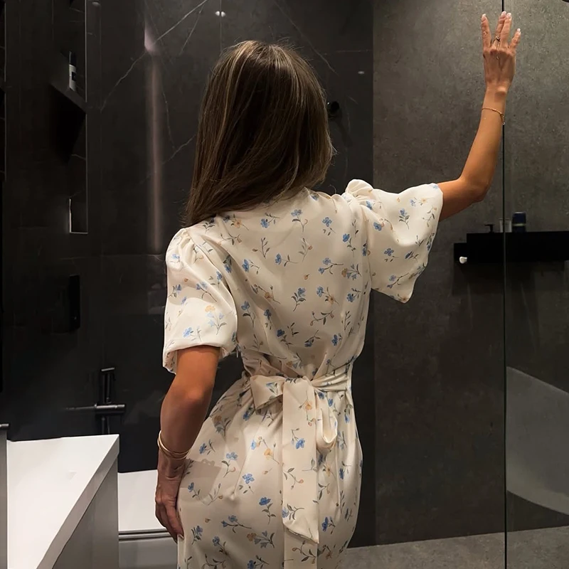 Tornova Floral Print Elegant Long Dress for Women Short Sleeve V Neck Fashion Slim Dress Satin Commuting Banquet Female Dress