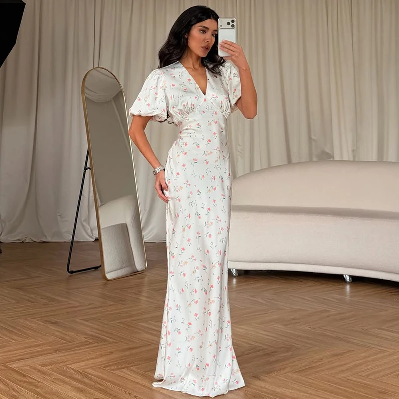 Tornova Floral Print Elegant Long Dress for Women Short Sleeve V Neck Fashion Slim Dress Satin Commuting Banquet Female Dress