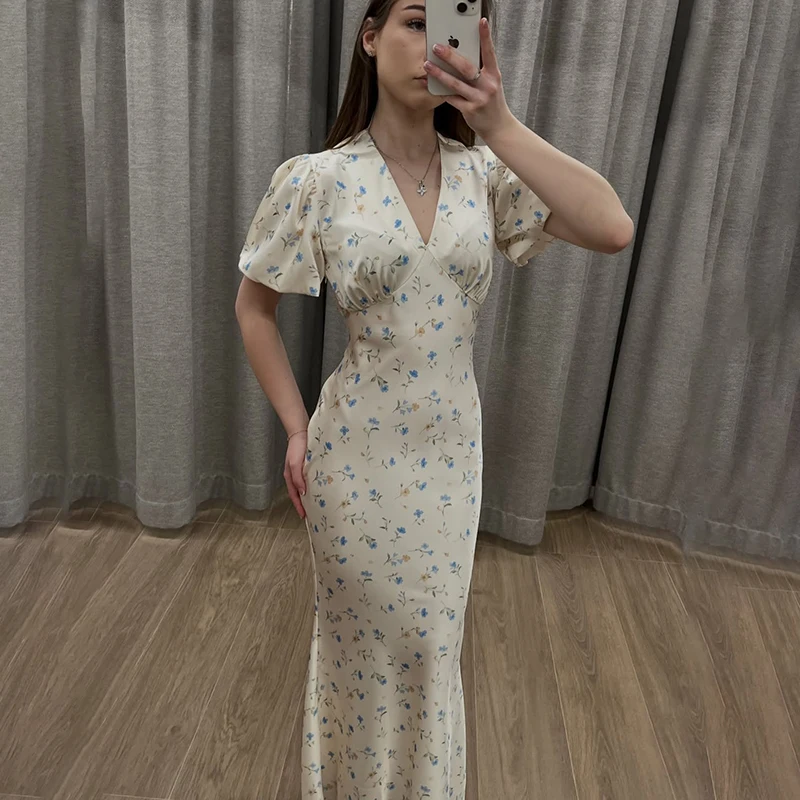 Tornova Floral Print Elegant Long Dress for Women Short Sleeve V Neck Fashion Slim Dress Satin Commuting Banquet Female Dress