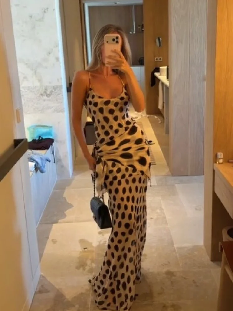 Sexy Polka Dot Print Sling Maxi Dress Women Fashion V-neck Spaghetti Strap Sleeveless Backless Dresses Summer Lady Vacation Robe