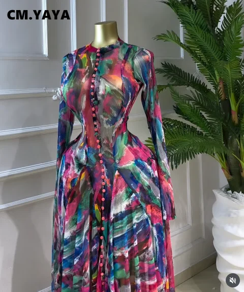 CM.YAYA Women O-neck Long Sleeve Big Swing Tie Dye Print Long Dress 2026 Sexy Parties Evening Vacation Maxi Dresses Vestidos