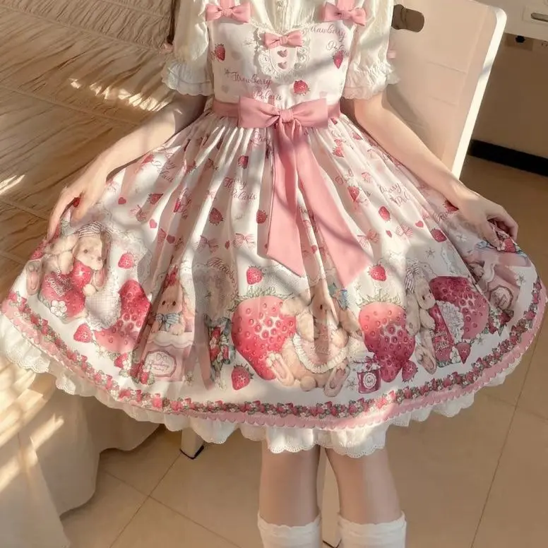 Falling Rabbit Berry Lolita Pink Cute SJK Dress Lolita Big Skirt Girls Birthday Show Cake Dress birthday dress for women
