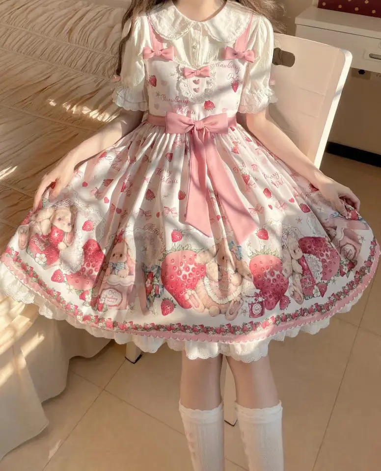 Falling Rabbit Berry Lolita Pink Cute SJK Dress Lolita Big Skirt Girls Birthday Show Cake Dress birthday dress for women