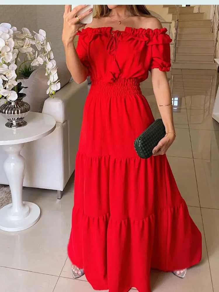 Women Dress Summer Fashion Green Boho Sexy Slash Neck Maxi Dress Elegant Casual Holiday Beach Party Dresses For Woman Robe Femme