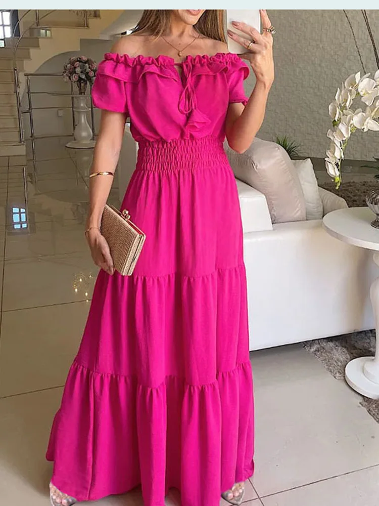Women Dress Summer Fashion Green Boho Sexy Slash Neck Maxi Dress Elegant Casual Holiday Beach Party Dresses For Woman Robe Femme