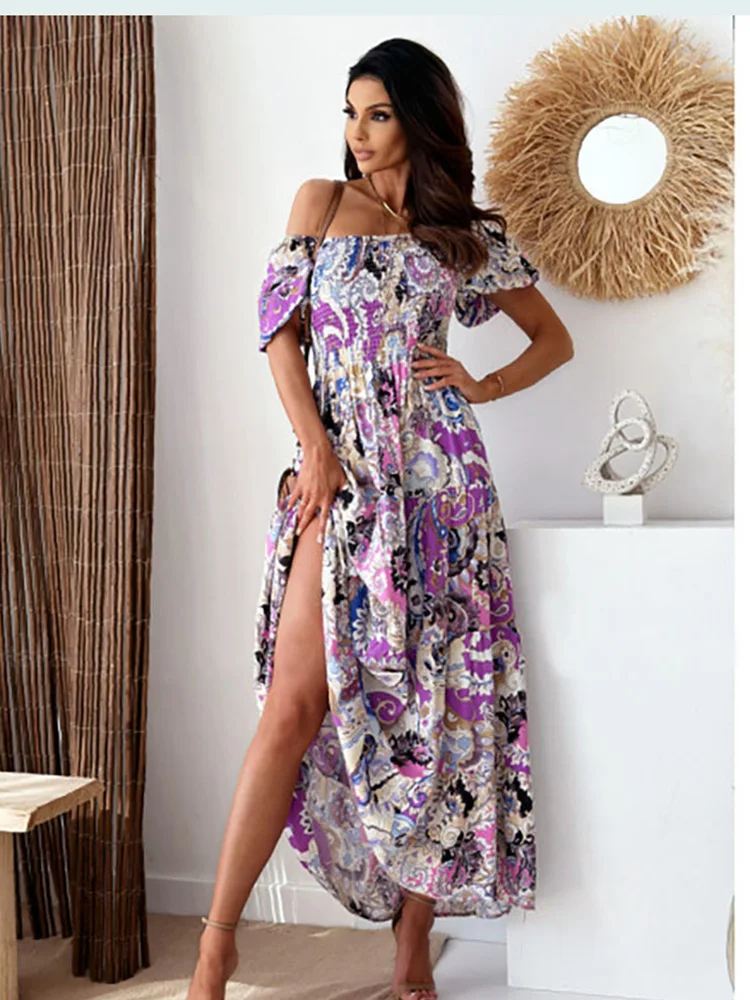 Women Dress Summer Fashion Green Boho Sexy Slash Neck Maxi Dress Elegant Casual Holiday Beach Party Dresses For Woman Robe Femme