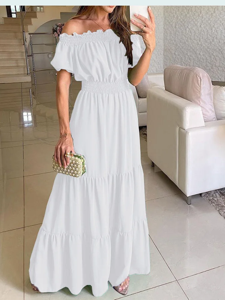 Women Dress Summer Fashion Green Boho Sexy Slash Neck Maxi Dress Elegant Casual Holiday Beach Party Dresses For Woman Robe Femme