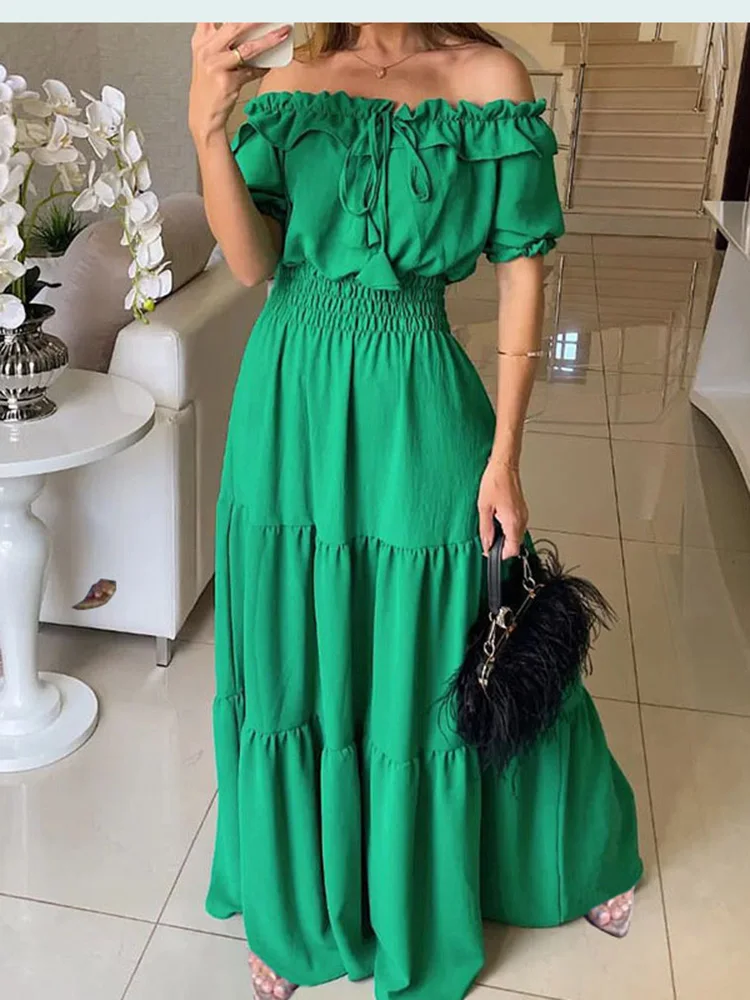Women Dress Summer Fashion Green Boho Sexy Slash Neck Maxi Dress Elegant Casual Holiday Beach Party Dresses For Woman Robe Femme