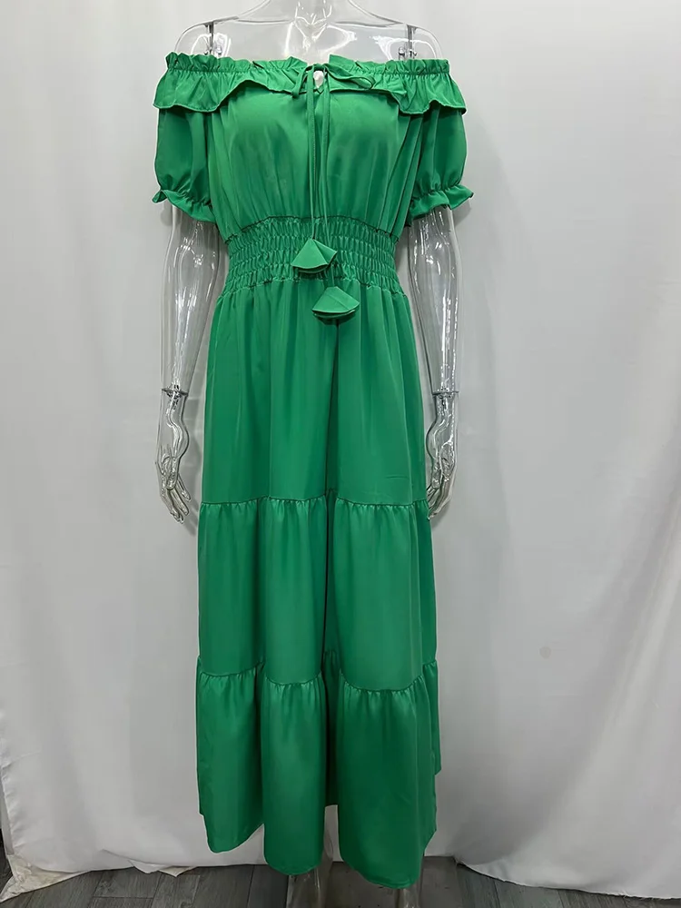 Women Dress Summer Fashion Green Boho Sexy Slash Neck Maxi Dress Elegant Casual Holiday Beach Party Dresses For Woman Robe Femme