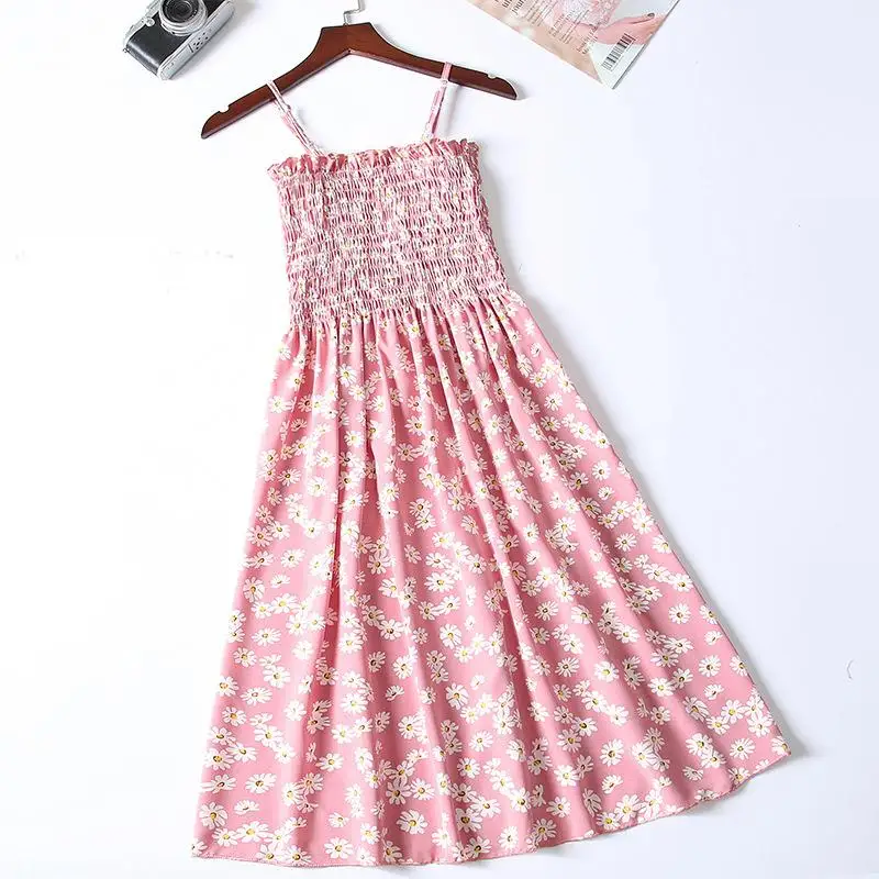 Summer Chiffon Camisole Sleeveless Dress Women Mini Dresses Fashion Elastic Waist Casual Spaghetti Strap Dresses Vestidos Girls