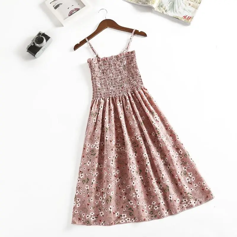 Summer Chiffon Camisole Sleeveless Dress Women Mini Dresses Fashion Elastic Waist Casual Spaghetti Strap Dresses Vestidos Girls