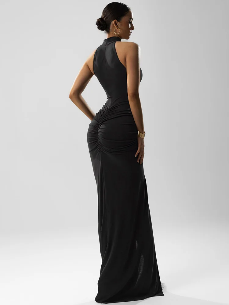 Mozision Halter Ruched Sleeveless Sexy Maxi Dress Women Gown Fashion Slim High Waist Evening Club Party Split Long Dress