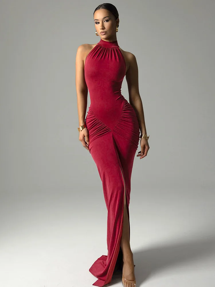 Mozision Halter Ruched Sleeveless Sexy Maxi Dress Women Gown Fashion Slim High Waist Evening Club Party Split Long Dress