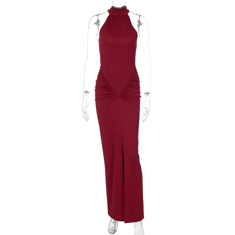 Mozision Halter Ruched Sleeveless Sexy Maxi Dress Women Gown Fashion Slim High Waist Evening Club Party Split Long Dress