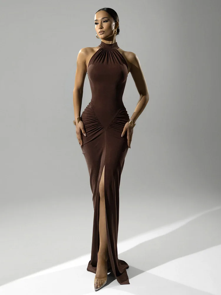 Mozision Halter Ruched Sleeveless Sexy Maxi Dress Women Gown Fashion Slim High Waist Evening Club Party Split Long Dress