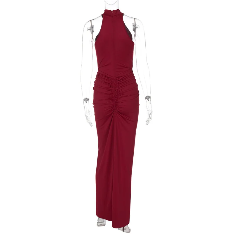 Mozision Halter Ruched Sleeveless Sexy Maxi Dress Women Gown Fashion Slim High Waist Evening Club Party Split Long Dress