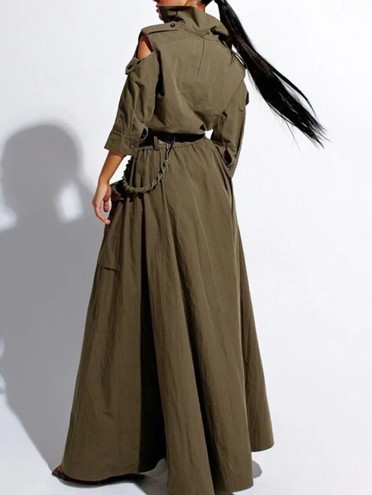 Summer Dress for Women 2026 Retro Turn-down Collar Cold Shoulder Half Sleeve Zipper Belt Pockets Split High Waist Maxi Dresses