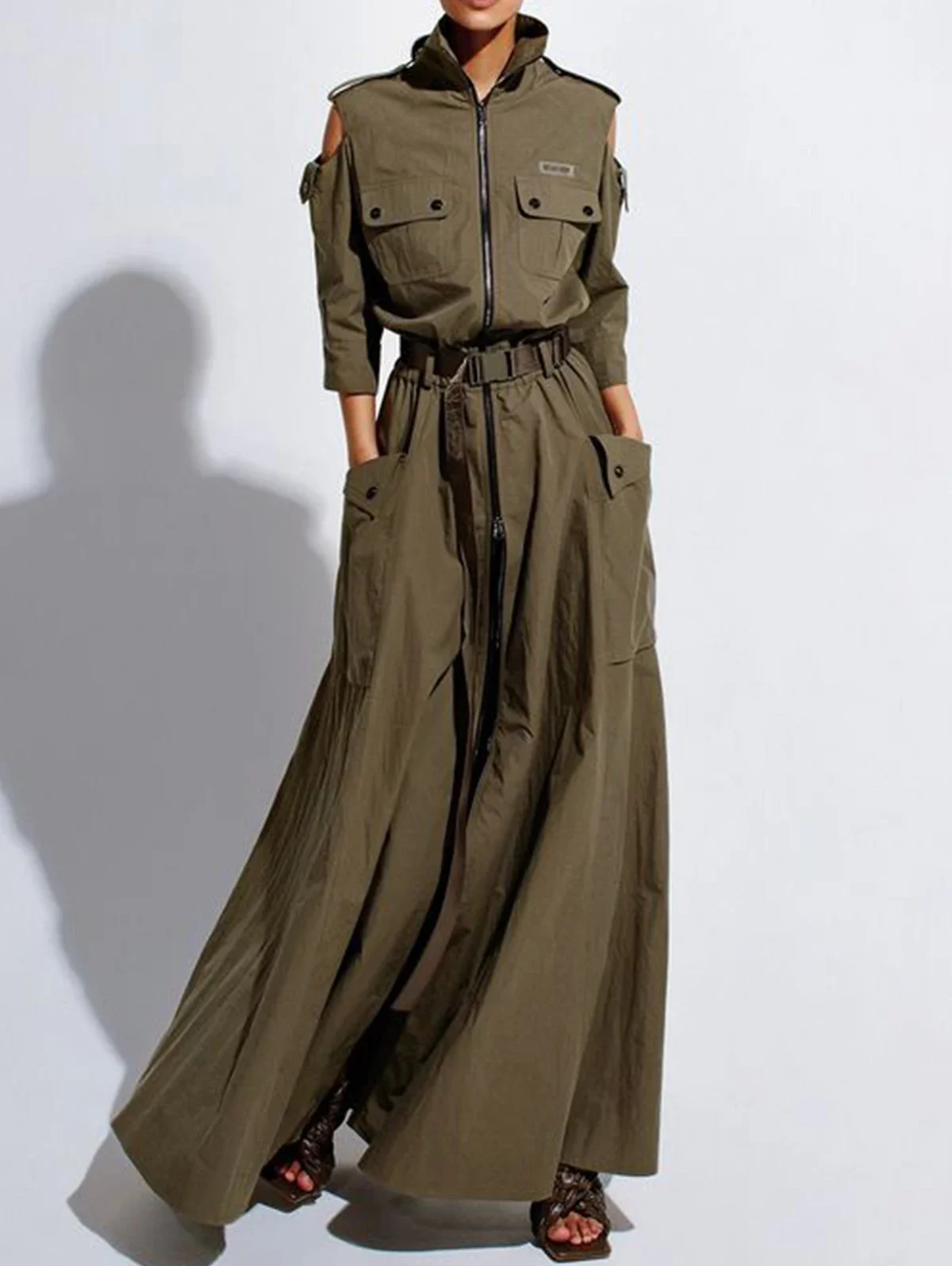 Summer Dress for Women 2026 Retro Turn-down Collar Cold Shoulder Half Sleeve Zipper Belt Pockets Split High Waist Maxi Dresses