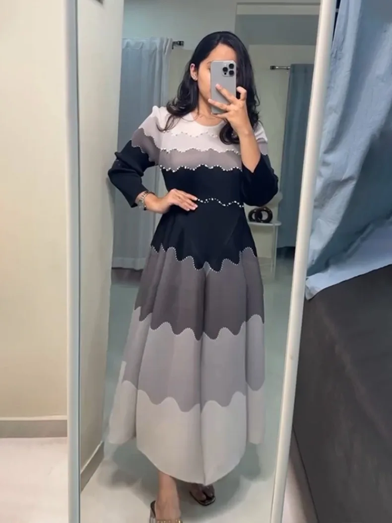 EGRM Pleated Party Dress Women's High Quality Beaded Color Block Long Sleeve Loose Fit Flared Maxi Evening Dresses 9R5303