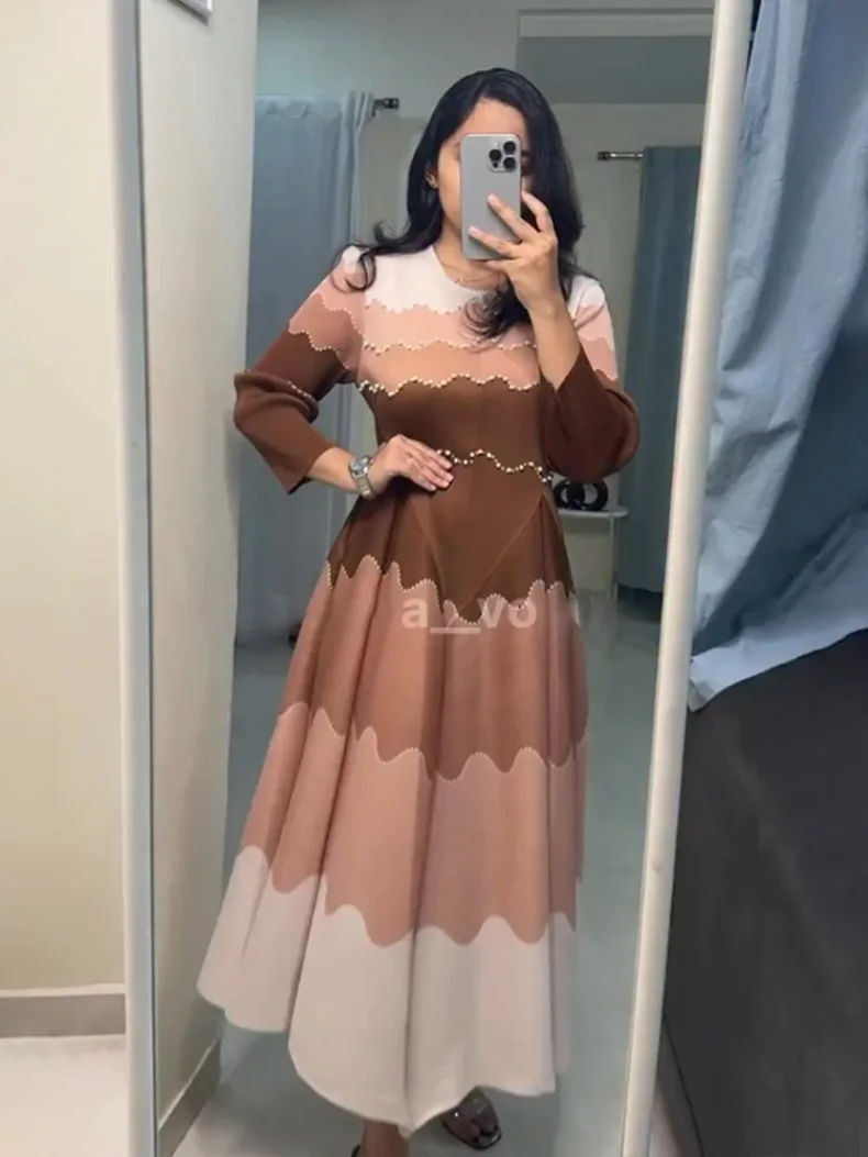 EGRM Pleated Party Dress Women's High Quality Beaded Color Block Long Sleeve Loose Fit Flared Maxi Evening Dresses 9R5303
