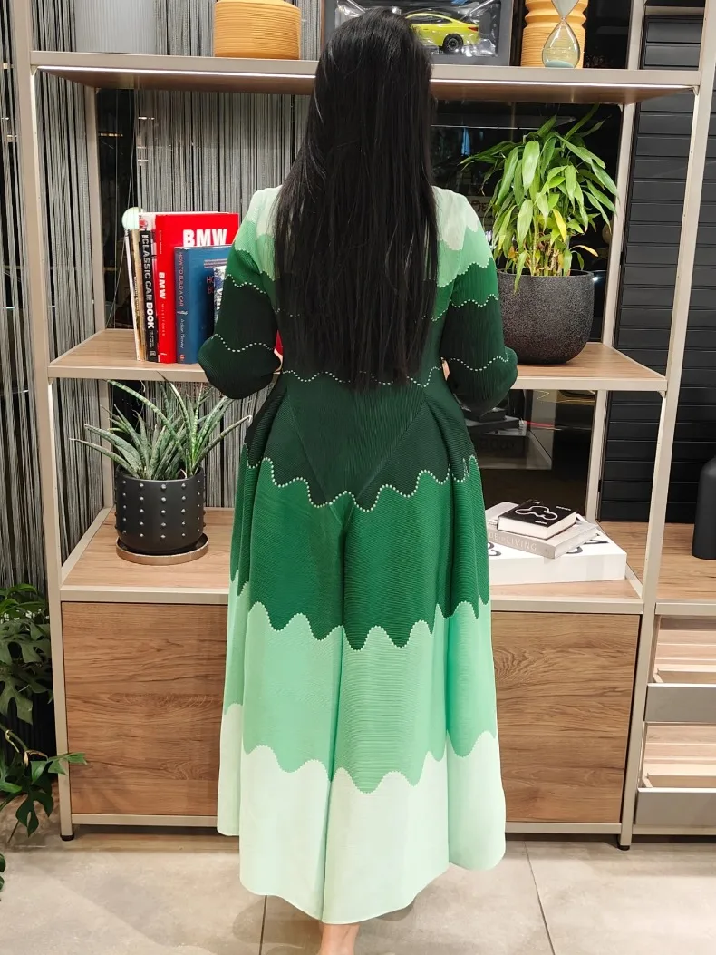 EGRM Pleated Party Dress Women's High Quality Beaded Color Block Long Sleeve Loose Fit Flared Maxi Evening Dresses 9R5303