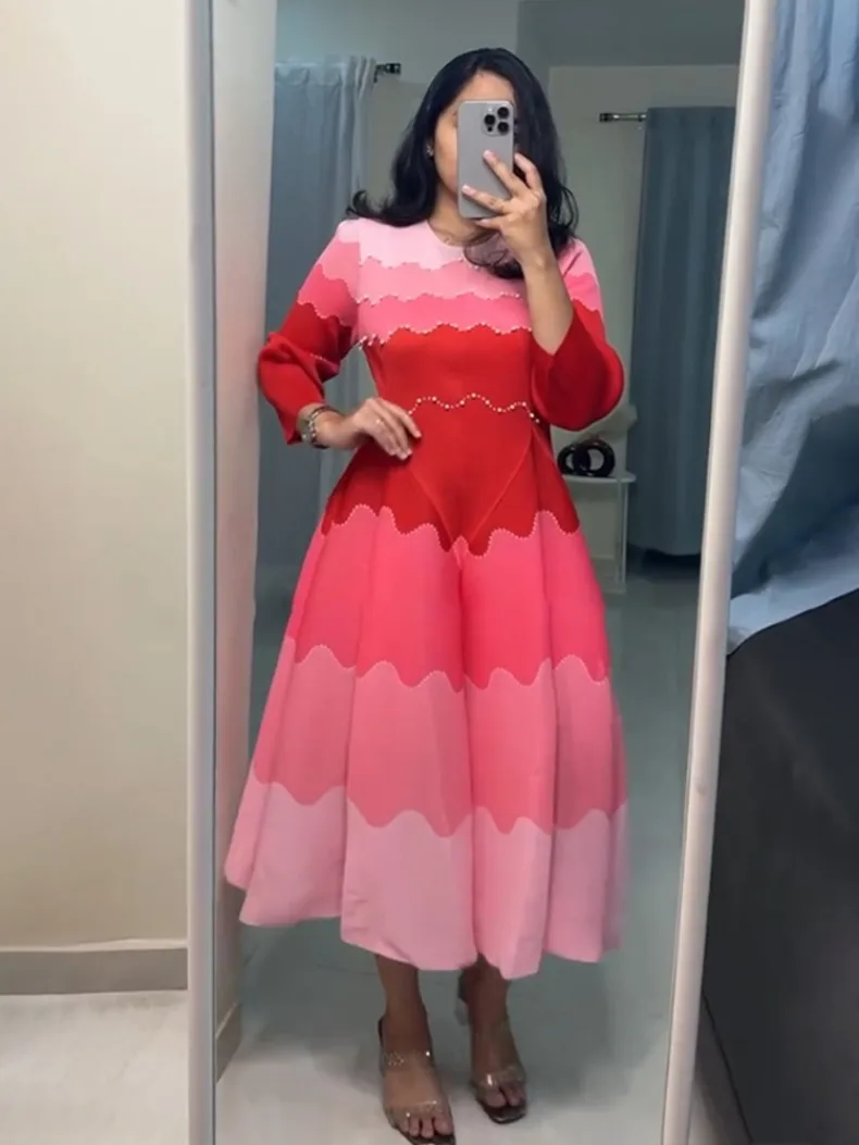 EGRM Pleated Party Dress Women's High Quality Beaded Color Block Long Sleeve Loose Fit Flared Maxi Evening Dresses 9R5303