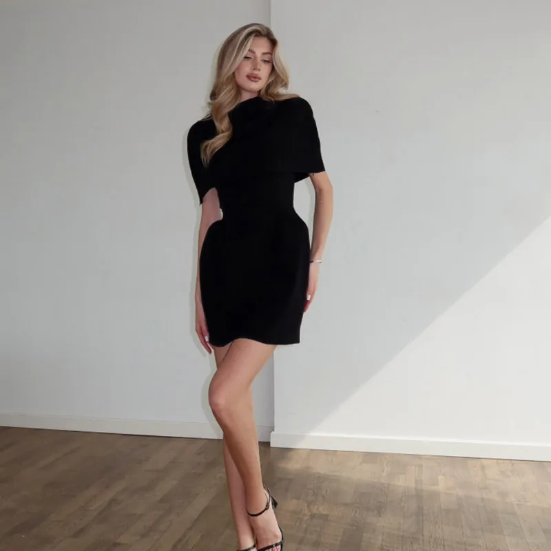 Elegant Solid Shawl Mini Dress Women Chic Half High Collar Waist Cinching A-line Short Dresses 2026 Lady Party Evening Gown New