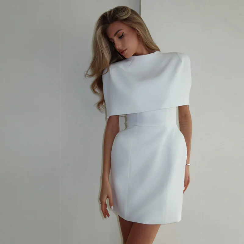 Elegant Solid Shawl Mini Dress Women Chic Half High Collar Waist Cinching A-line Short Dresses 2026 Lady Party Evening Gown New
