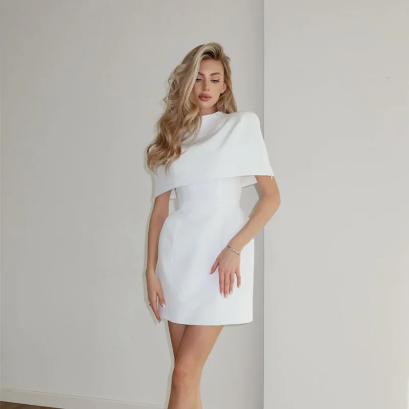Elegant Solid Shawl Mini Dress Women Chic Half High Collar Waist Cinching A-line Short Dresses 2026 Lady Party Evening Gown New