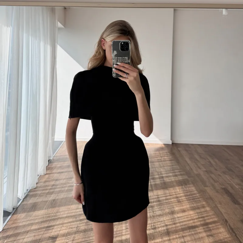 Elegant Solid Shawl Mini Dress Women Chic Half High Collar Waist Cinching A-line Short Dresses 2026 Lady Party Evening Gown New
