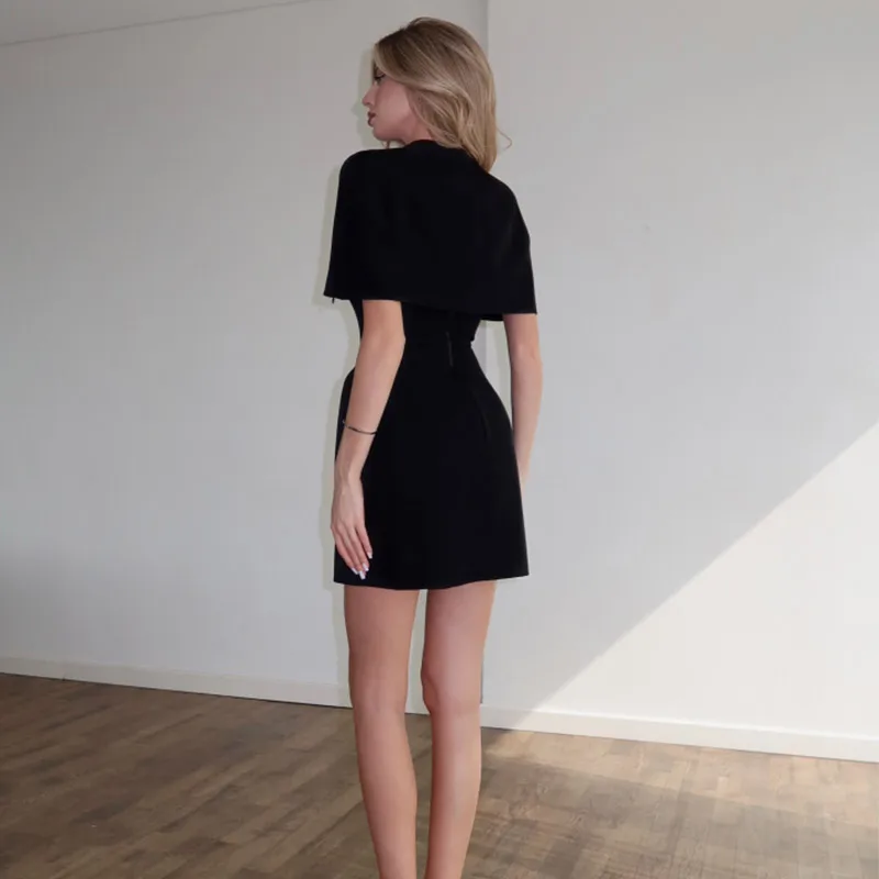 Elegant Solid Shawl Mini Dress Women Chic Half High Collar Waist Cinching A-line Short Dresses 2026 Lady Party Evening Gown New