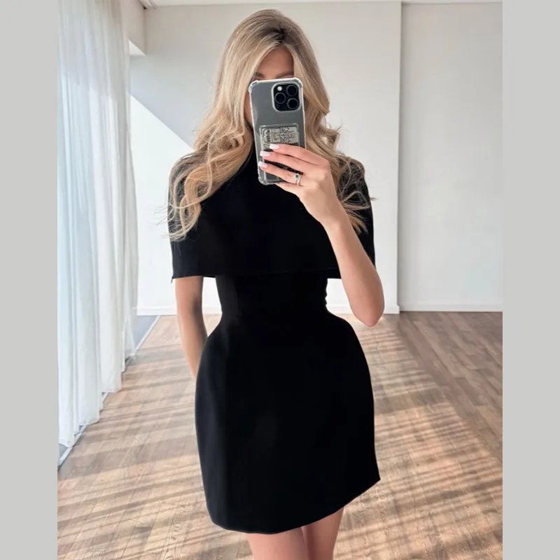 Elegant Solid Shawl Mini Dress Women Chic Half High Collar Waist Cinching A-line Short Dresses 2026 Lady Party Evening Gown New