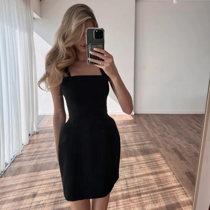 Elegant Solid Shawl Mini Dress Women Chic Half High Collar Waist Cinching A-line Short Dresses 2026 Lady Party Evening Gown New