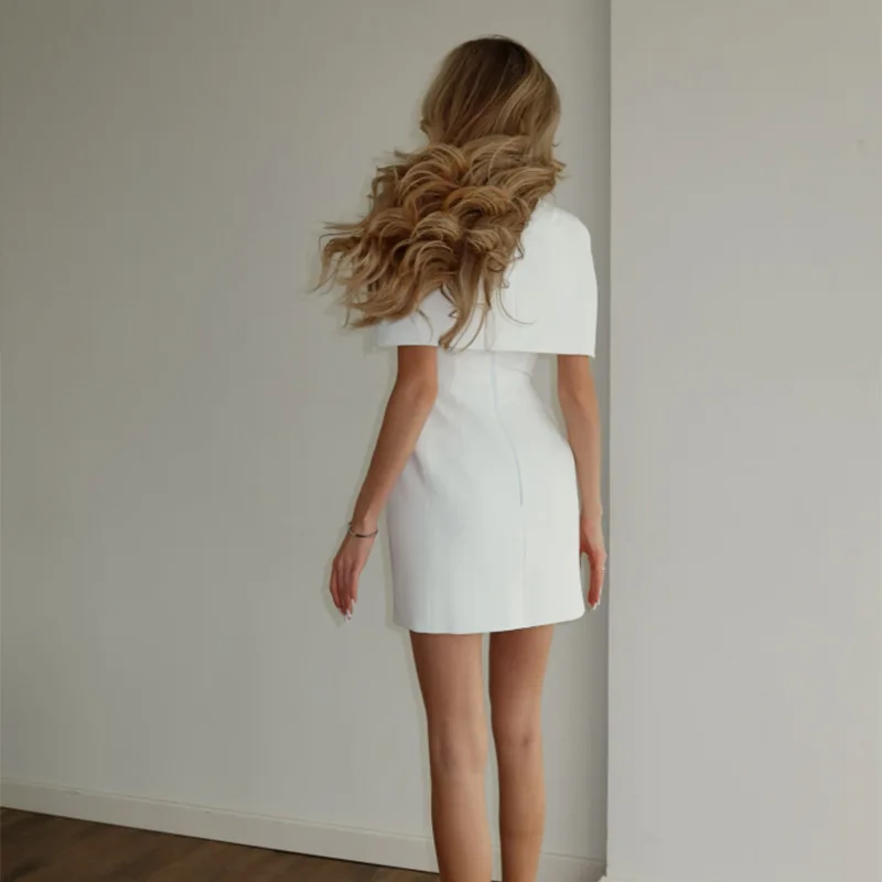 Elegant Solid Shawl Mini Dress Women Chic Half High Collar Waist Cinching A-line Short Dresses 2026 Lady Party Evening Gown New