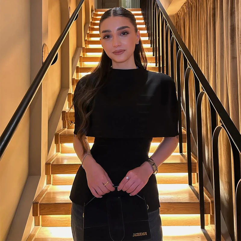 Elegant Solid Shawl Mini Dress Women Chic Half High Collar Waist Cinching A-line Short Dresses 2026 Lady Party Evening Gown New