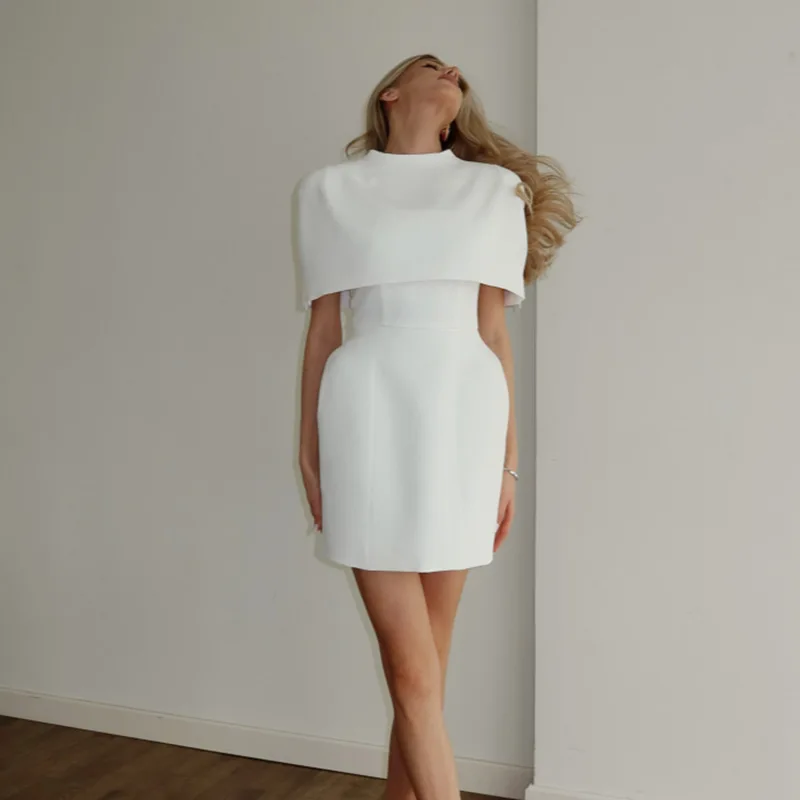 Elegant Solid Shawl Mini Dress Women Chic Half High Collar Waist Cinching A-line Short Dresses 2026 Lady Party Evening Gown New