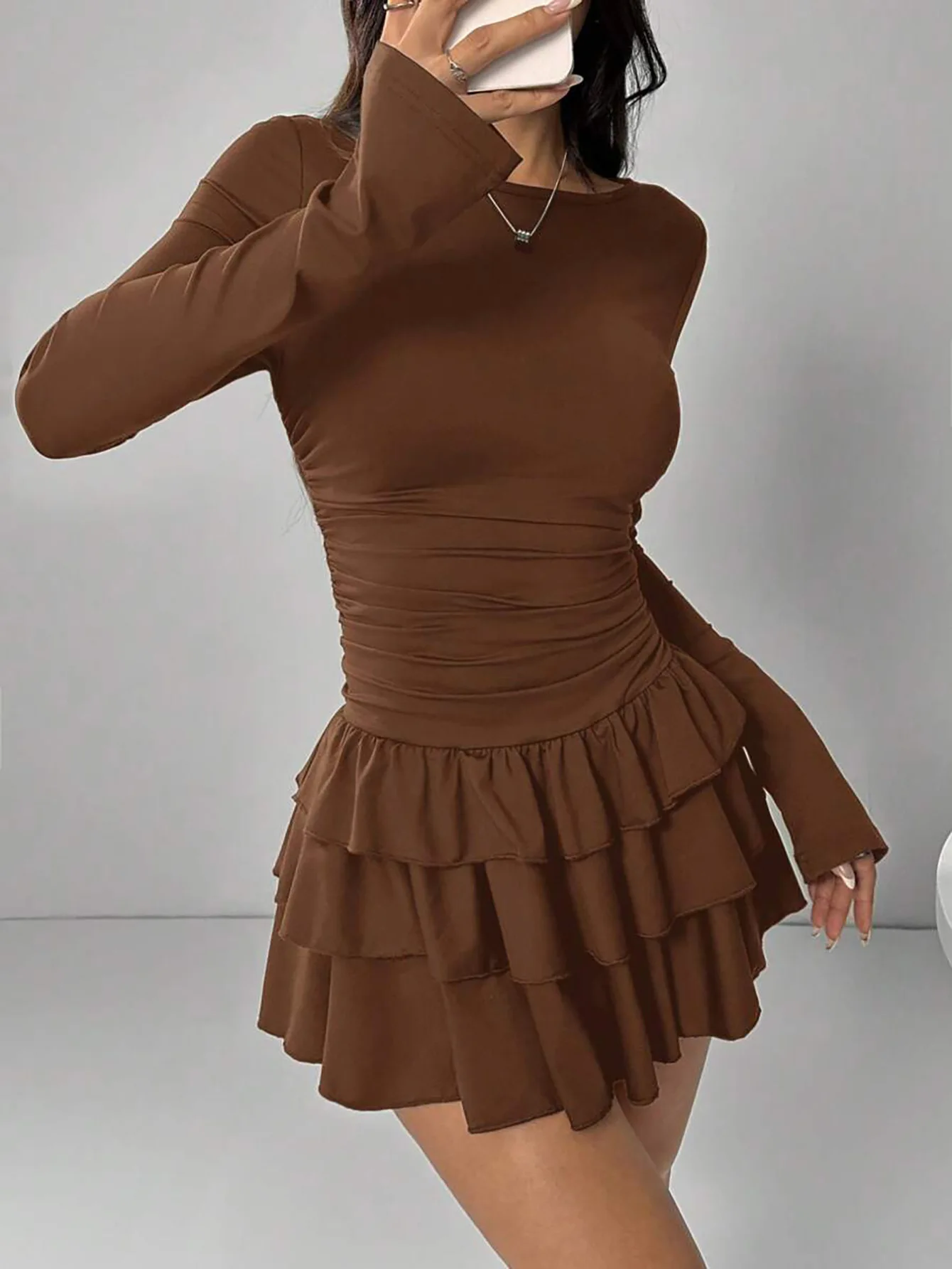 Autumn Elegant Long Sleeve O-neck Sexy Bodycon Solid Mini Prom Dress Women Outfit Elasticity Evening Party Festival Cake Dress