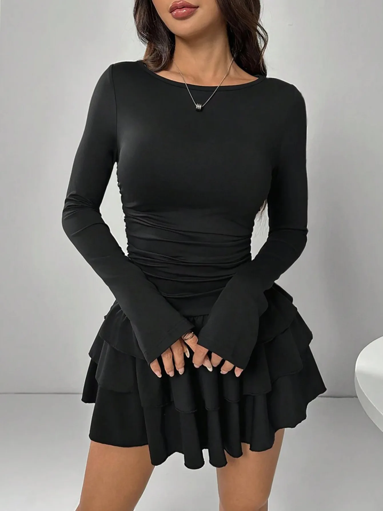 Autumn Elegant Long Sleeve O-neck Sexy Bodycon Solid Mini Prom Dress Women Outfit Elasticity Evening Party Festival Cake Dress