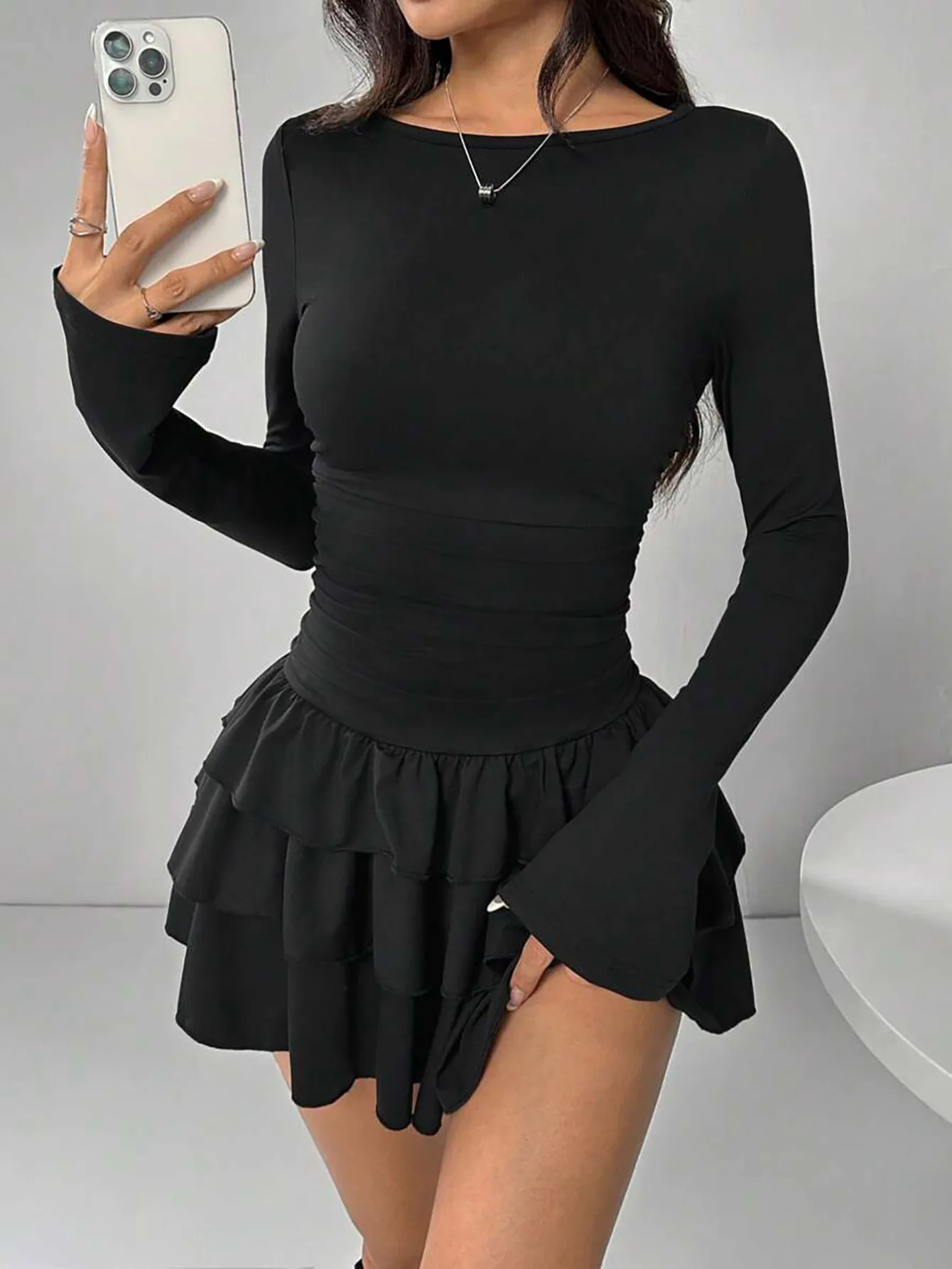 Autumn Elegant Long Sleeve O-neck Sexy Bodycon Solid Mini Prom Dress Women Outfit Elasticity Evening Party Festival Cake Dress
