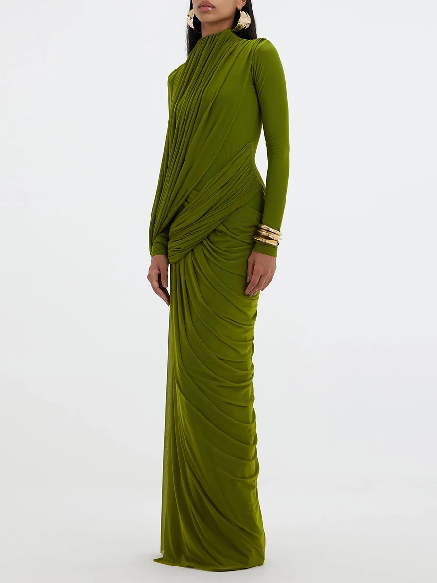 VGH Elegant Vintage Spliced Ribbon Dresses for Women Turtleneck Long Sleeve Irregular Folds Evening Luxurious Maxi Dress Female