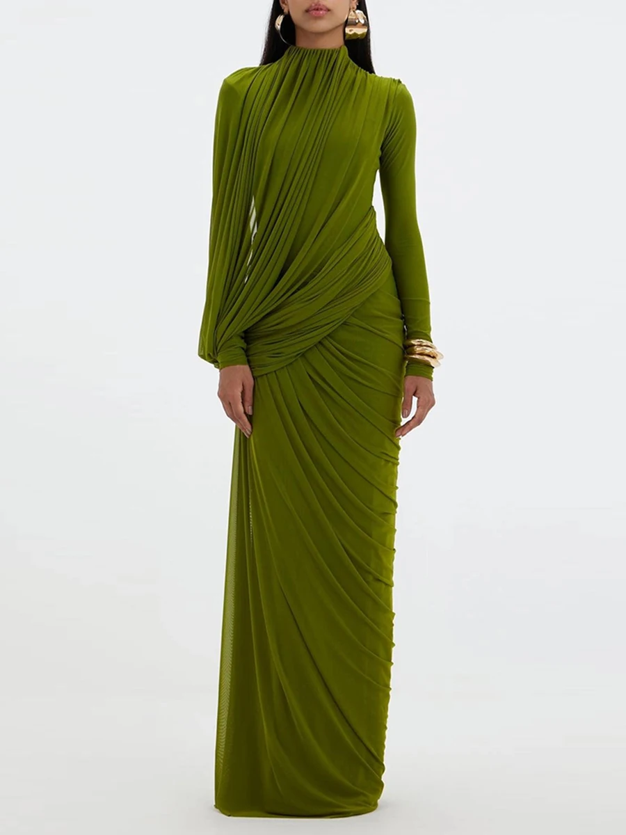 VGH Elegant Vintage Spliced Ribbon Dresses for Women Turtleneck Long Sleeve Irregular Folds Evening Luxurious Maxi Dress Female