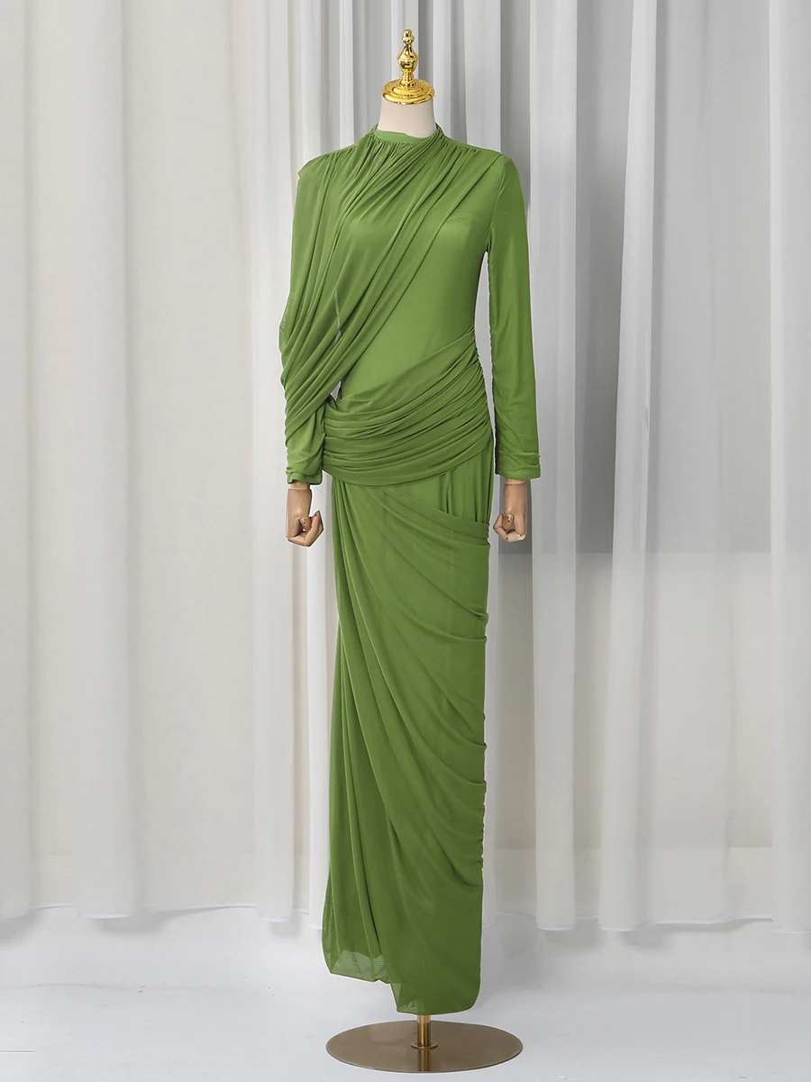 VGH Elegant Vintage Spliced Ribbon Dresses for Women Turtleneck Long Sleeve Irregular Folds Evening Luxurious Maxi Dress Female
