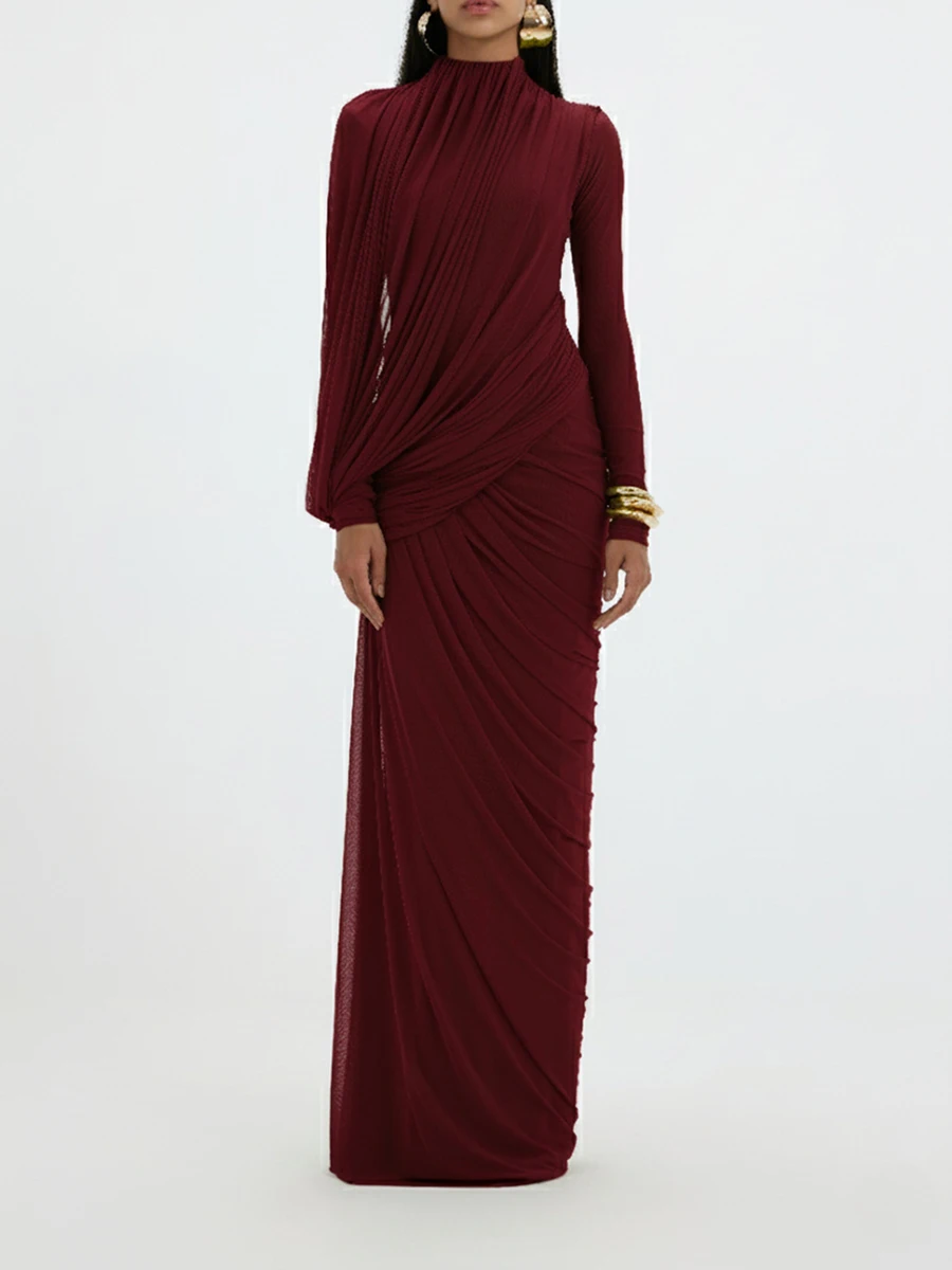 VGH Elegant Vintage Spliced Ribbon Dresses for Women Turtleneck Long Sleeve Irregular Folds Evening Luxurious Maxi Dress Female