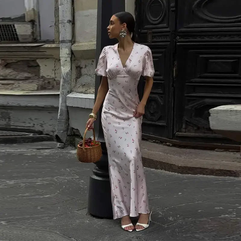 Elegant Print Women Long Dress Fashion V-neck Pleated Flutter Short Sleeve Empire Female Dresses 2026 Summer Chic Female Robe