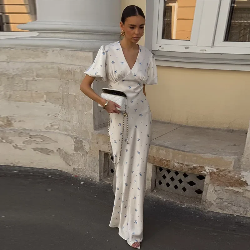 Elegant Print Women Long Dress Fashion V-neck Pleated Flutter Short Sleeve Empire Female Dresses 2026 Summer Chic Female Robe