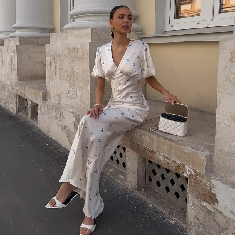 Elegant Print Women Long Dress Fashion V-neck Pleated Flutter Short Sleeve Empire Female Dresses 2026 Summer Chic Female Robe