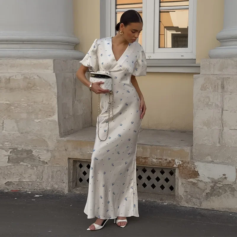 Elegant Print Women Long Dress Fashion V-neck Pleated Flutter Short Sleeve Empire Female Dresses 2026 Summer Chic Female Robe