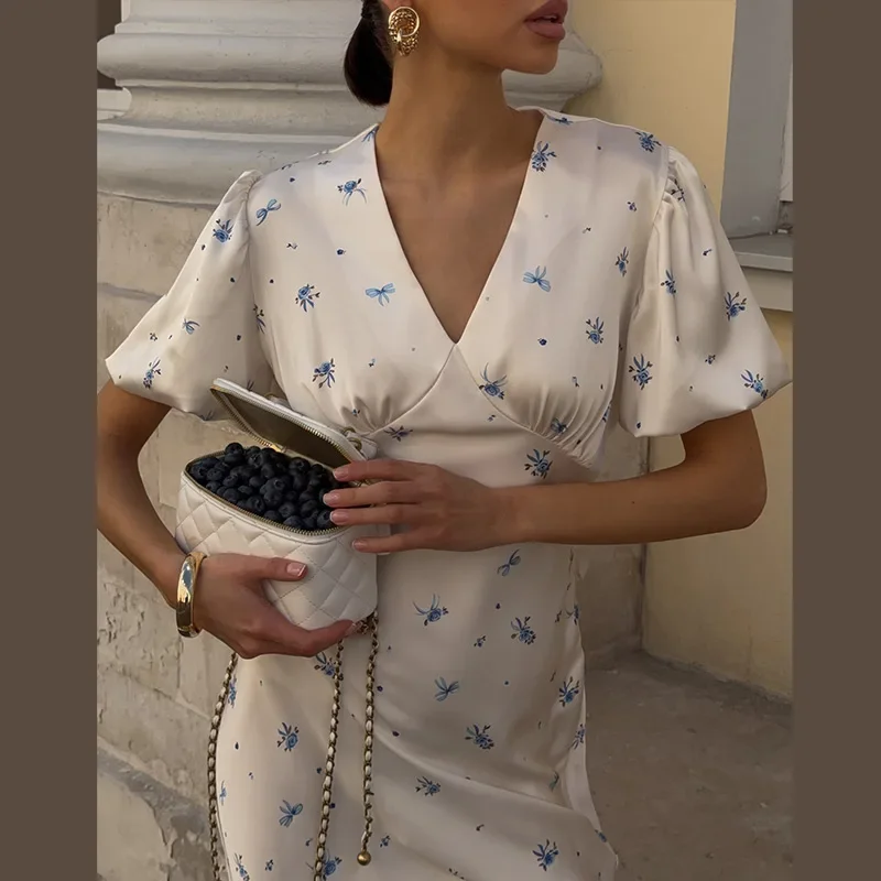 Elegant Print Women Long Dress Fashion V-neck Pleated Flutter Short Sleeve Empire Female Dresses 2026 Summer Chic Female Robe
